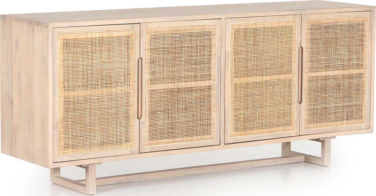 Marina Coastal Beach White Washed Mango Wood Woven Cane Sideboard