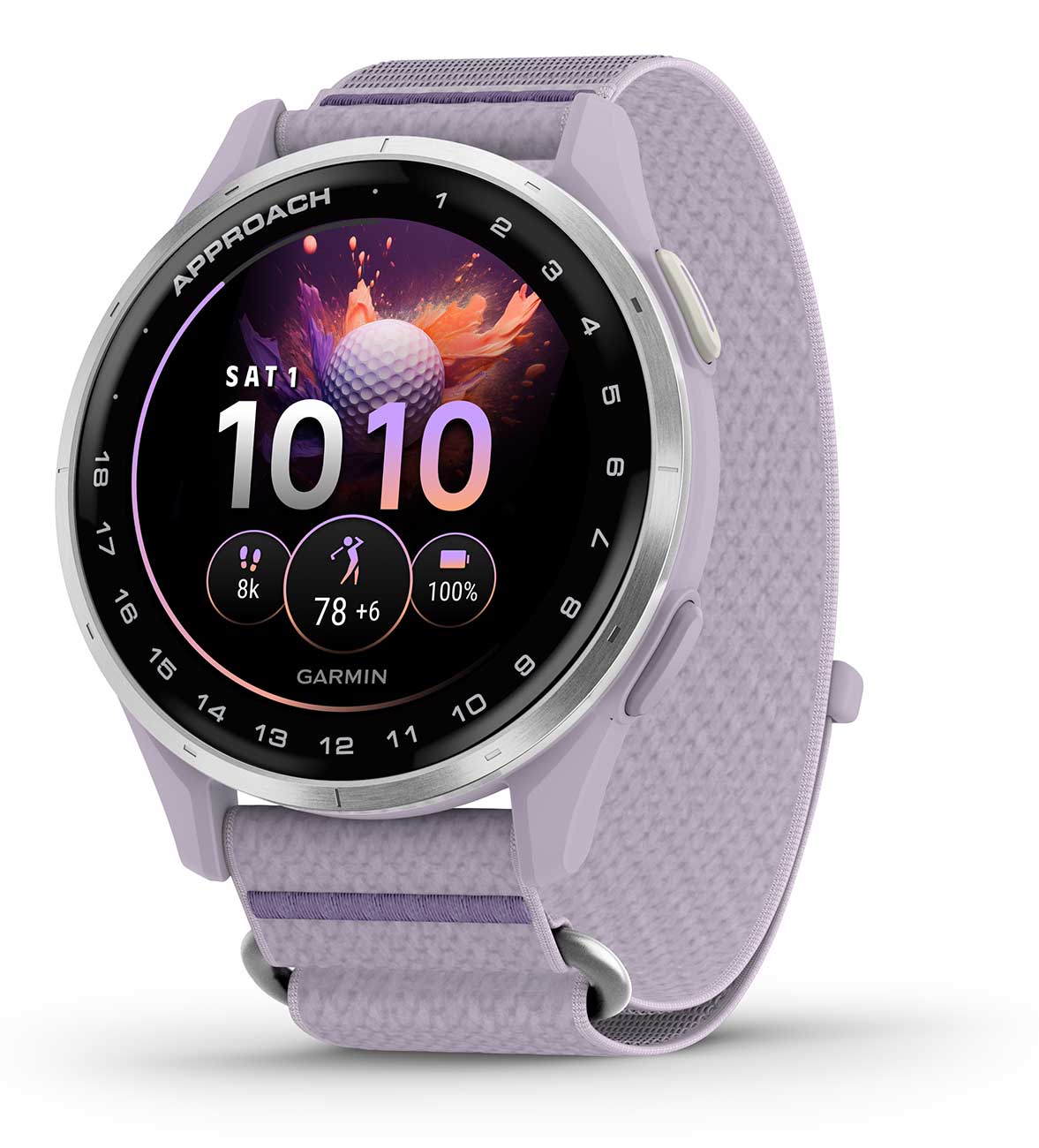 Garmin Approach J1 Smartwatch 43mm in Silver Aluminum Bezel with Lilac ComfortFit Fabric 300$