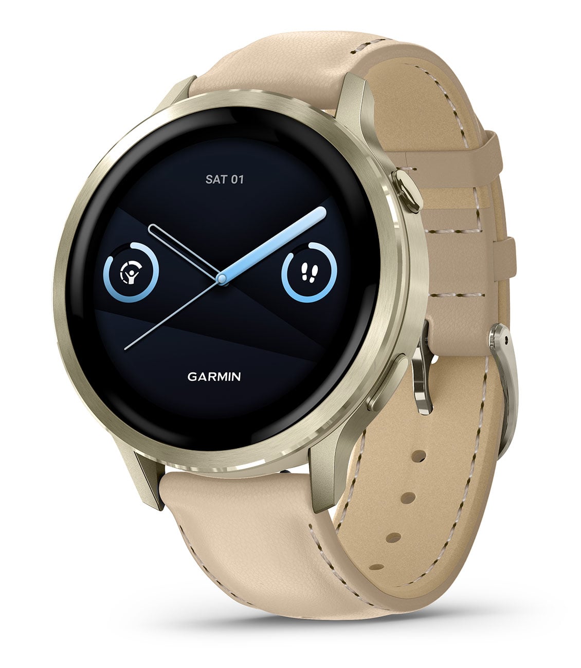 Garmin Venu 4 41mm Watch Lunar Gold Stainless Steel Bezel With White Bone Silicone Band and Light Sand Leather Band 600$