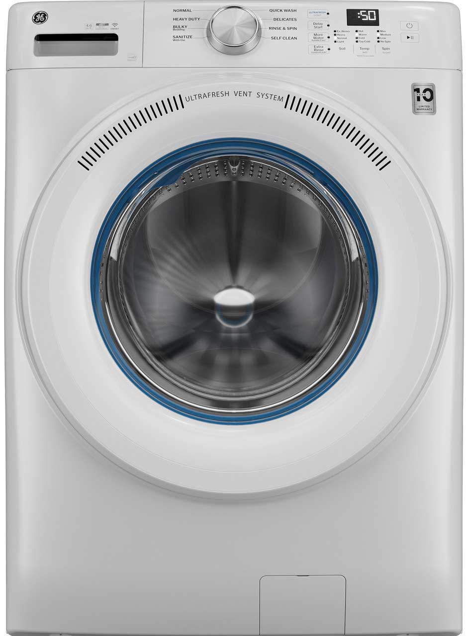 GE GFW350SSYWW 28 inch Smart Front Load Washer with 4.6 cu. ft. Capacity, UltraFresh Vent System With OdorBlock and Microban Antimicrobial Technology (White)