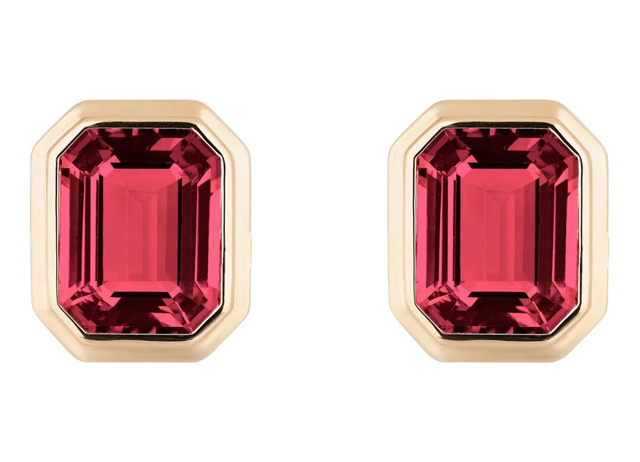 Goshwara Manhattan Emerald Cut Stud Earrings with Garnet in 18K Yellow Gold