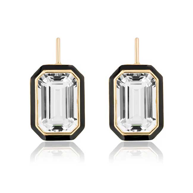 Goshwara Queen Emerald Cut Enamel Drop Earrings with Rock Crystal with Black Enamel in 18K Yellow Gold