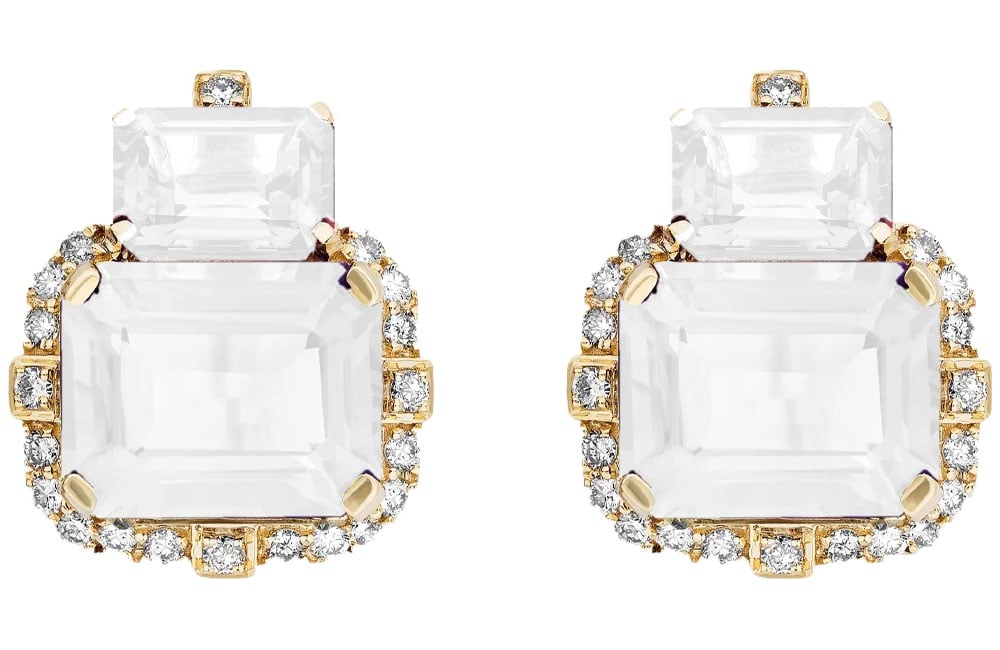 Goshwara Gossip Two-Stone Moon Quartz and Diamond Stud Earrings in 18K Yellow Gold