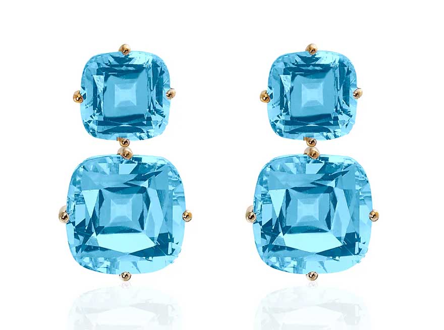 Goshwara Gossip Double Cushion Drop Earrings with Blue Topaz in 18K Yellow Gold