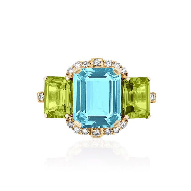 Goshwara Gossip Three-Stone Cocktail Ring with Blue Topaz and Peridot - Size 6.5 - in 18K Yellow Gold