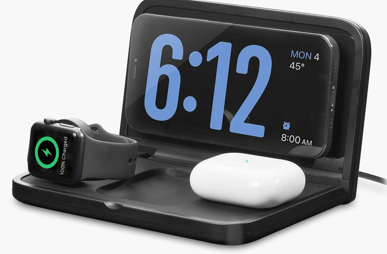 iHome Travel Clock with Wireless Charging Station for iPhone, AirPods, and Apple Watch in Black - IWW7B