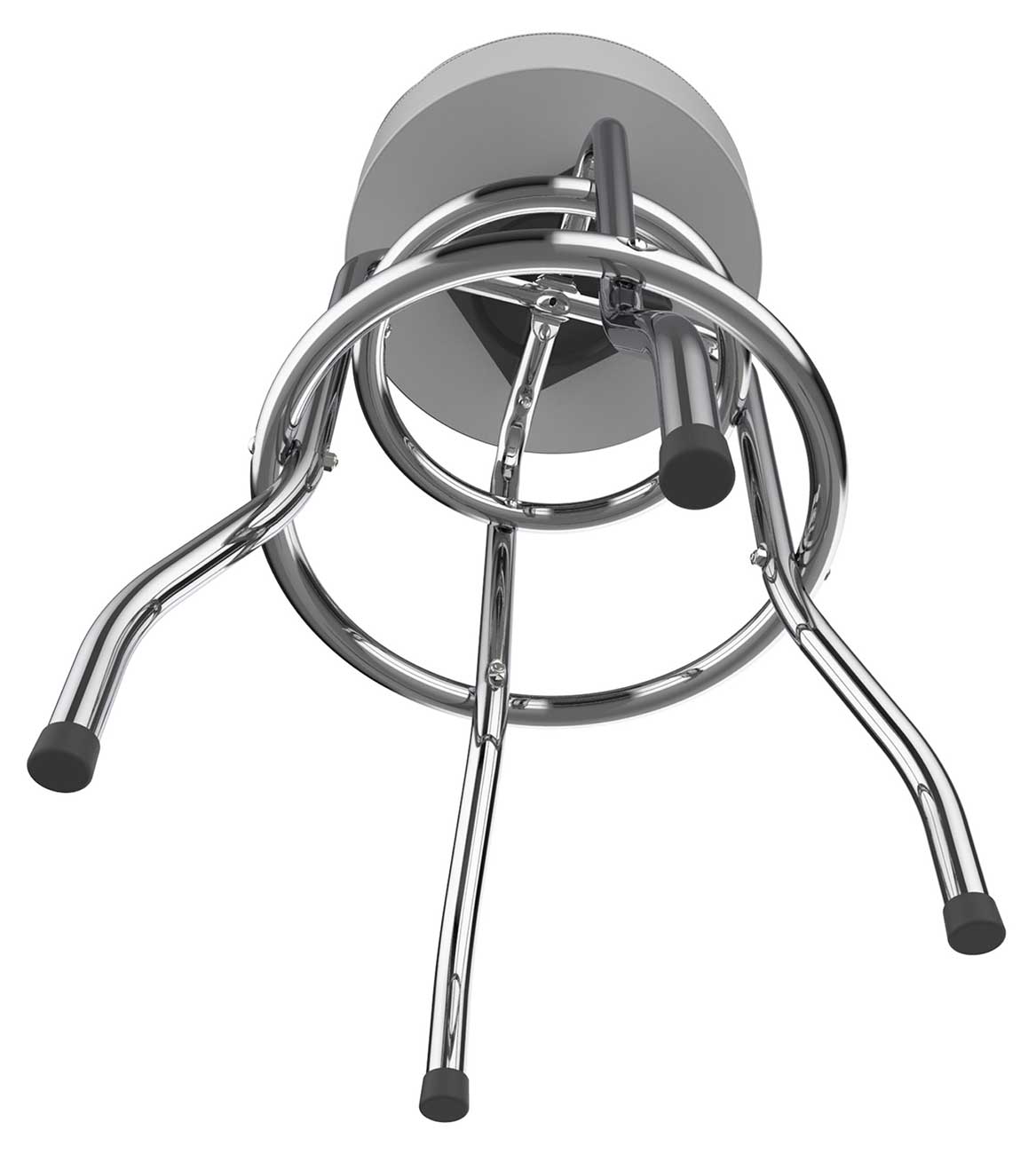 Under-seat detailed view showing chrome frame and curved legs of a bar stool.