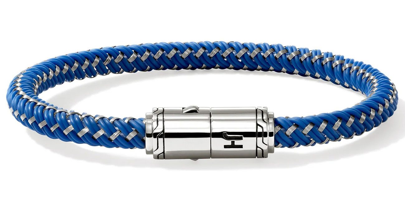John Hardy Cord Bracelet - Size Large - in Sterling Silver and Blue Rubber