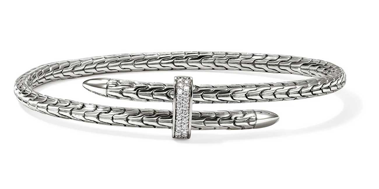 John Hardy Spear Flex Cuff 4mm with Diamonds - Size Medium - in Sterling Silver