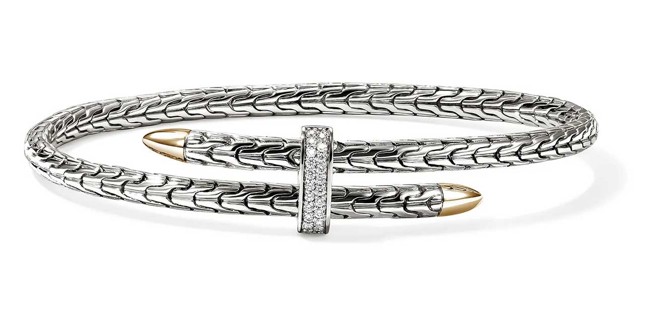 John Hardy Spear Flex Cuff 4mm with Diamonds - Size Medium - in Sterling Silver and 14K Yellow Gold