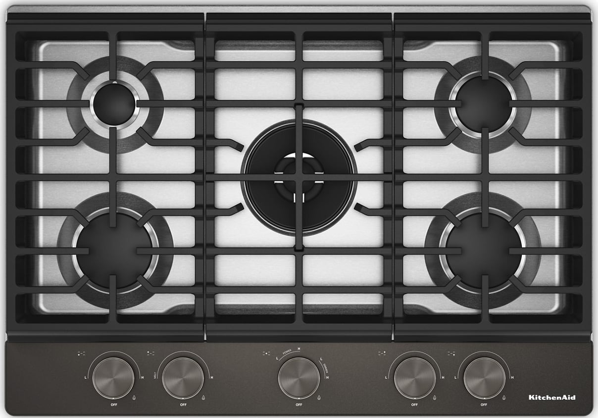 KitchenAid Gas Cooktop with 5 Burners and Integrated Wok Grate 30-Inch Wide in Black Ore