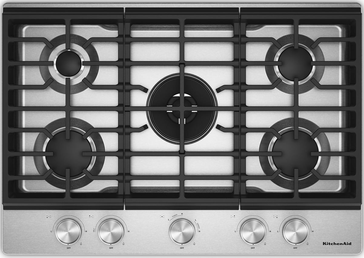KitchenAid Gas Cooktop with 5 Burners and Integrated Wok Grate 30-Inch Wide in Stainless Steel