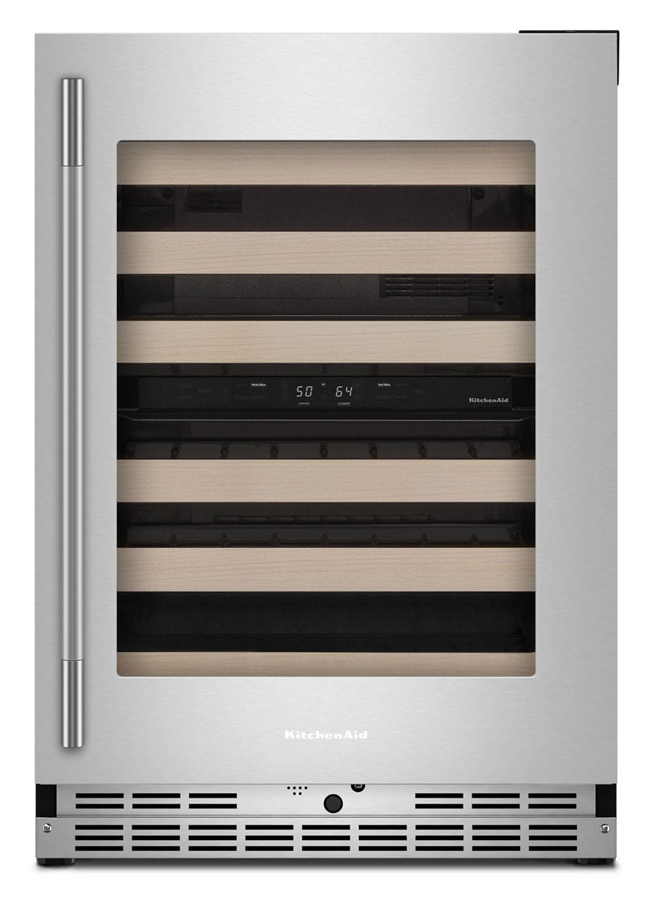 KitchenAid KUWR524SPS 24 inch Dual Zone Wine Cellar with 46 Bottle Capacity, Motion-Activated LED Lighting, Sabbath Mode, UV-Protected Thermal Glass Door (PrintShield Stainless, Right Hinge)