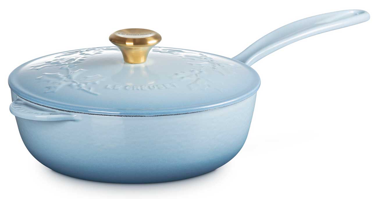 Le Creuset Holly Collection 2.25 Qt. Traditional Round Saucier in Coastal Blue