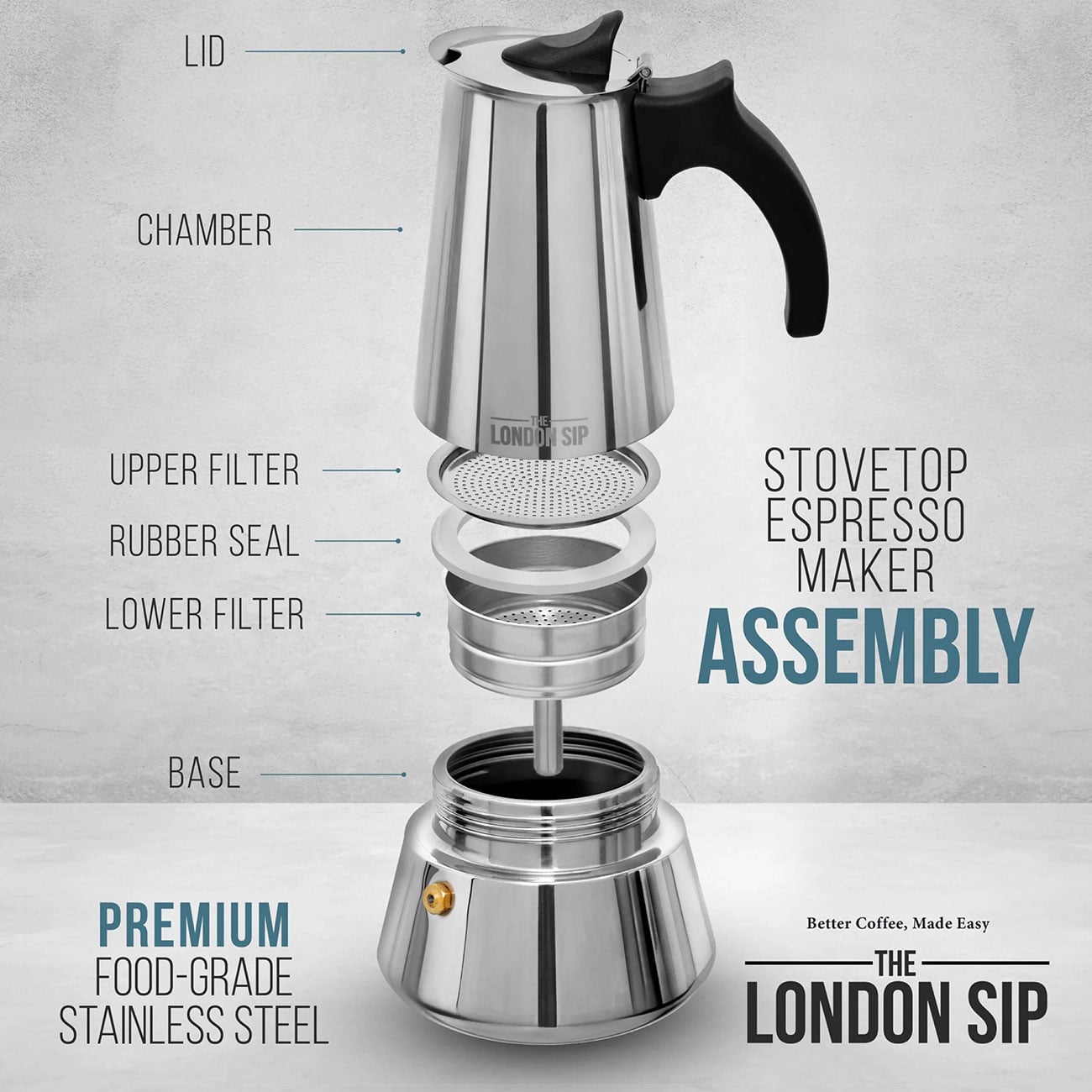 London Sip Espresso Coffee Maker in Stainless Steel - EM6B