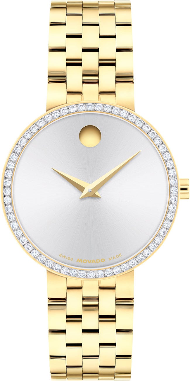 Movado Modern Classic 29.5mm Silver Dial Diamond Bezel PVD Stainless Steel Women's Watch 0608068 0608068