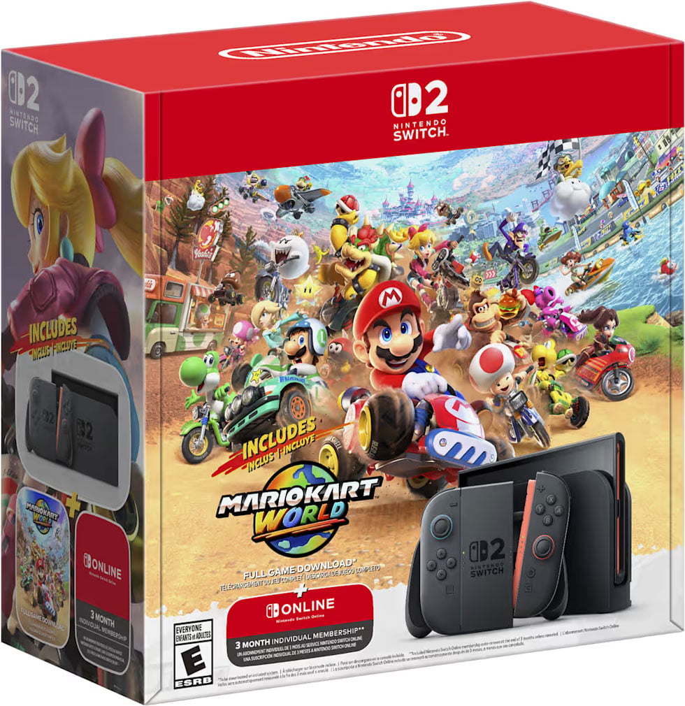 Switch 2 Console Mario Kart World Bundle, 256GB, 7.9 Inch 1080p Screen - Black/light blue/light red