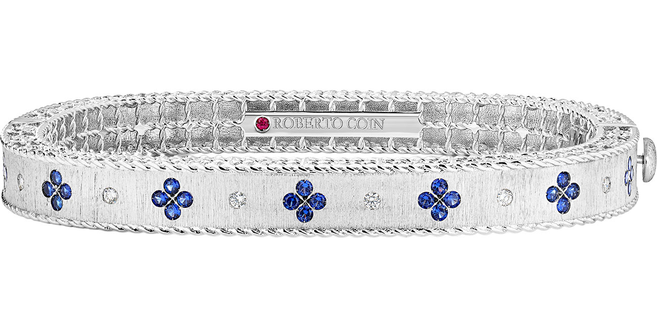 Roberto Coin Venetian Princess Diamond and Blue Sapphire Satin Bangle in 18K White Gold