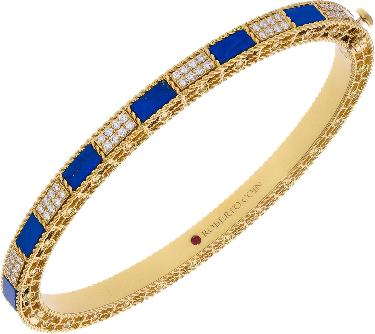 Roberto Coin Art Deco Mosaic Alternating Lapis and Diamond Bangle in 18K Yellow Gold