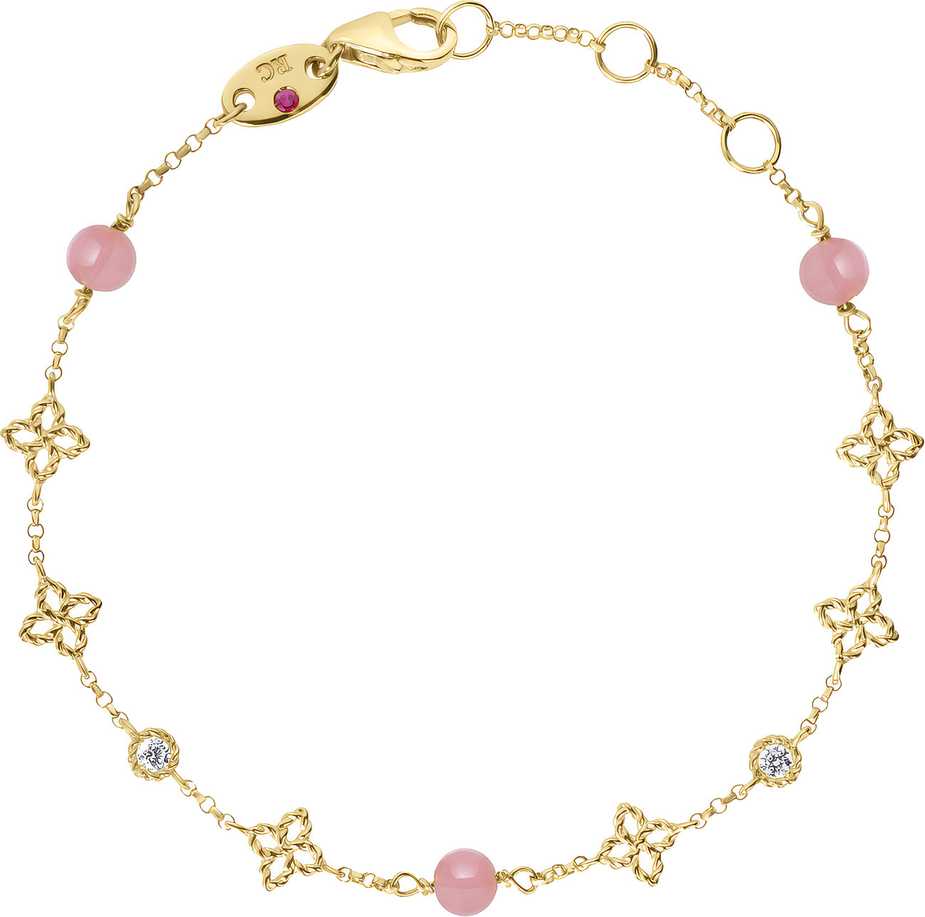 Roberto Coin Princess Flower Diamond and Pink Opal and Station Bracelet in 18K Yellow Gold