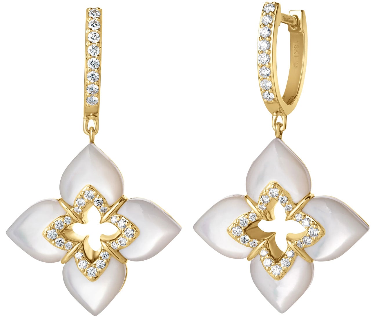 Roberto Coin Venetian Princess Cabochon Mother of Pearl Flower Dangle Earrings in 18K Yellow Gold