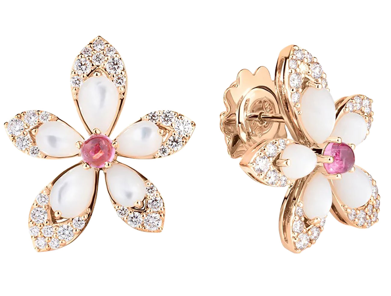 Roberto Coin Tiare Diamond, Rubellite, and Mother of Pearl Flower Stud Earrings in 18K Rose Gold