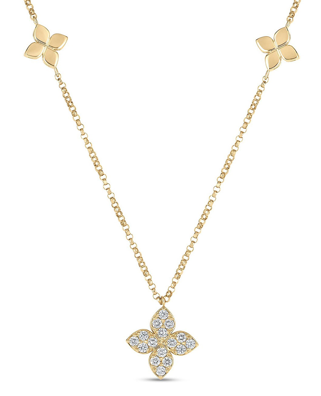 Roberto Coin Love By The Inch Diamond and Polished Flower Station Necklace in 18K Yellow Gold