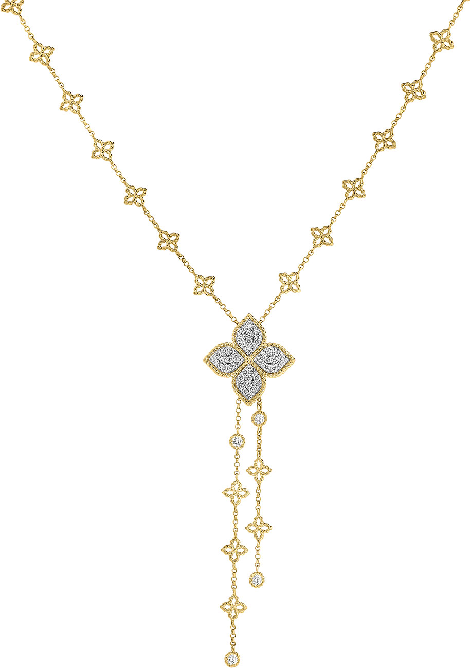Roberto Coin Princess Flower Pave Diamond Lariat Necklace in 18K Yellow and White Gold