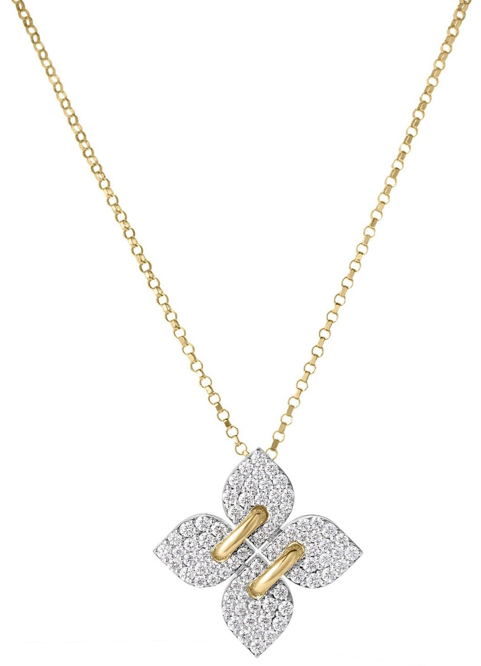 Roberto Coin Love In Verona Filo Medium Pave Diamond Flower Necklace in 18K Yellow and White Gold