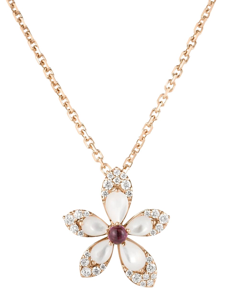 Roberto Coin Tiare Diamond, Rubellite, and Mother of Pearl Flower Necklace in 18K Rose Gold