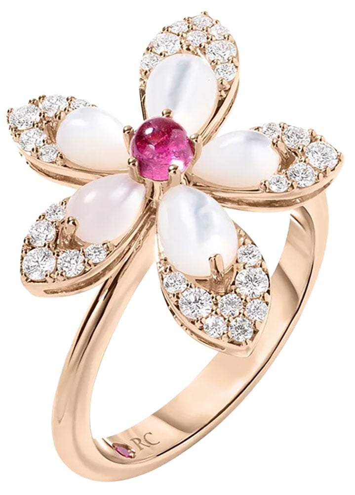 Roberto Coin Tiare Diamond, Rubellite, and Mother of Pearl Flower Ring, Size 6.5 in 18K Rose Gold