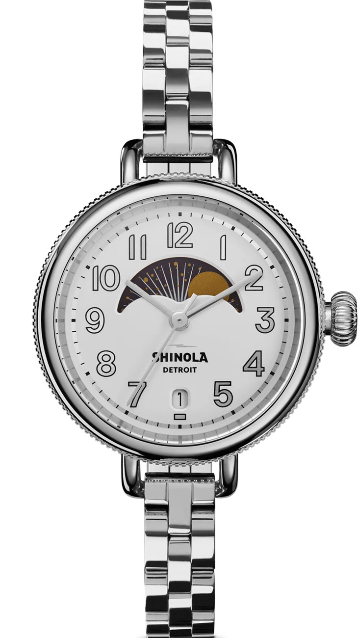 Shinola Birdy Moon Phase Watch 34mm w Light Silver Dial