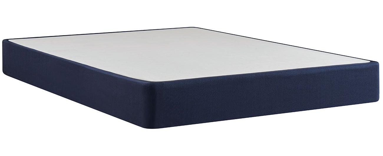 A navy blue and white mattress with a white top and navy blue sides.