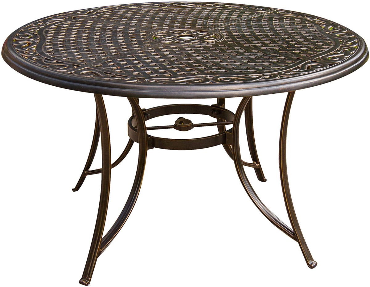 Close-up of the round patterned tabletop and base of a metal patio table.