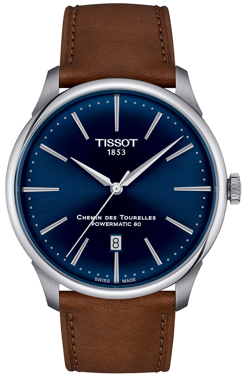 Tissot Chemin Des Tourelles Powermatic 80 42mm Watch with Blue Dial and Brown Strap 875$