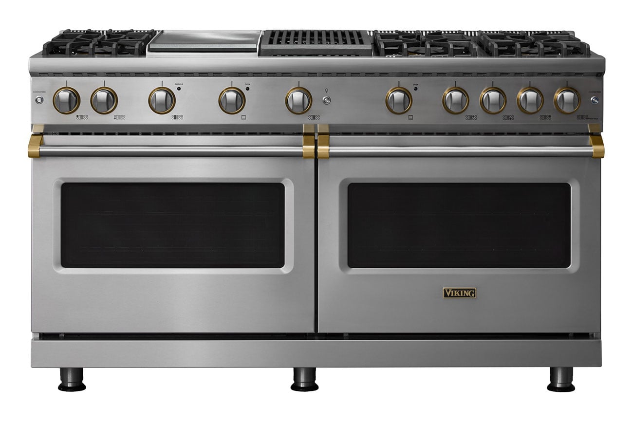 Viking VGR56046GQSSBB 5-Series 60 inch Freestanding Gas Range with 6 Sealed Burners, Griddle, Grill, 8 cu. ft. Oven Capacity, VSH Pro Sealed Burner System and Gourmet-Glo Infrared Broiler (Stainless Steel, Brushed Brass, Natural Gas)