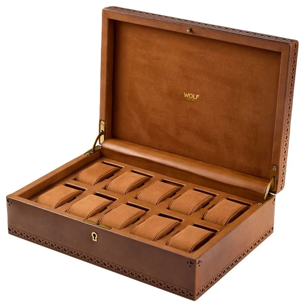 WOLF 1834 Brogue 10 Piece Watch Box in Burnished Brown