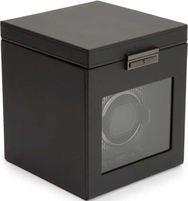 WOLF 1834 Axis Single Watch Winder With Storage in Black | Powder Coat