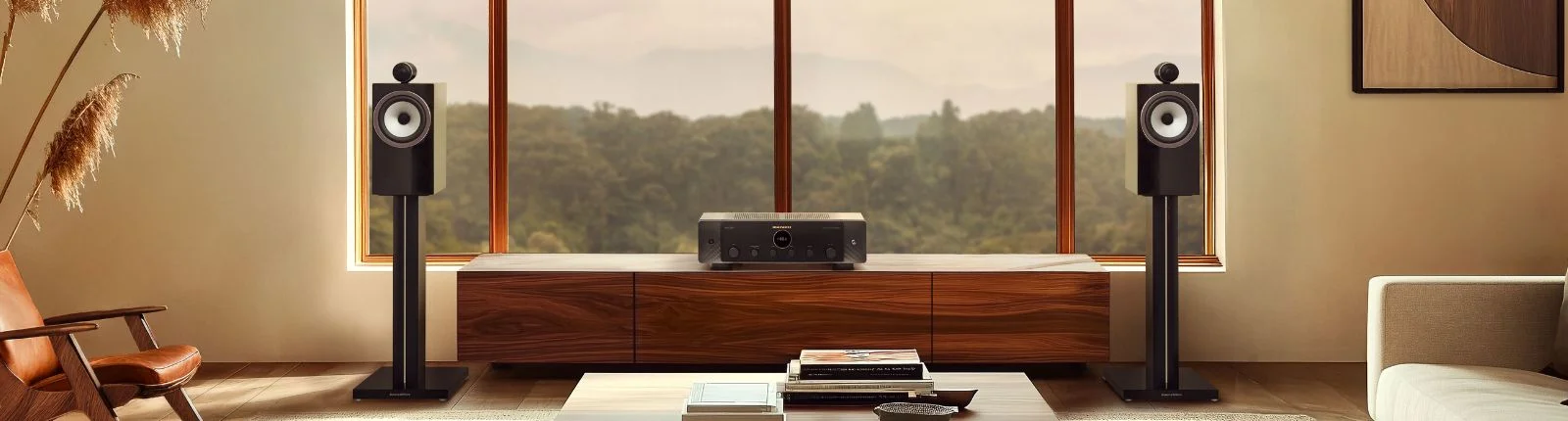 Two speakers on stands and a receiver on top of a crezenda in front of a large window.