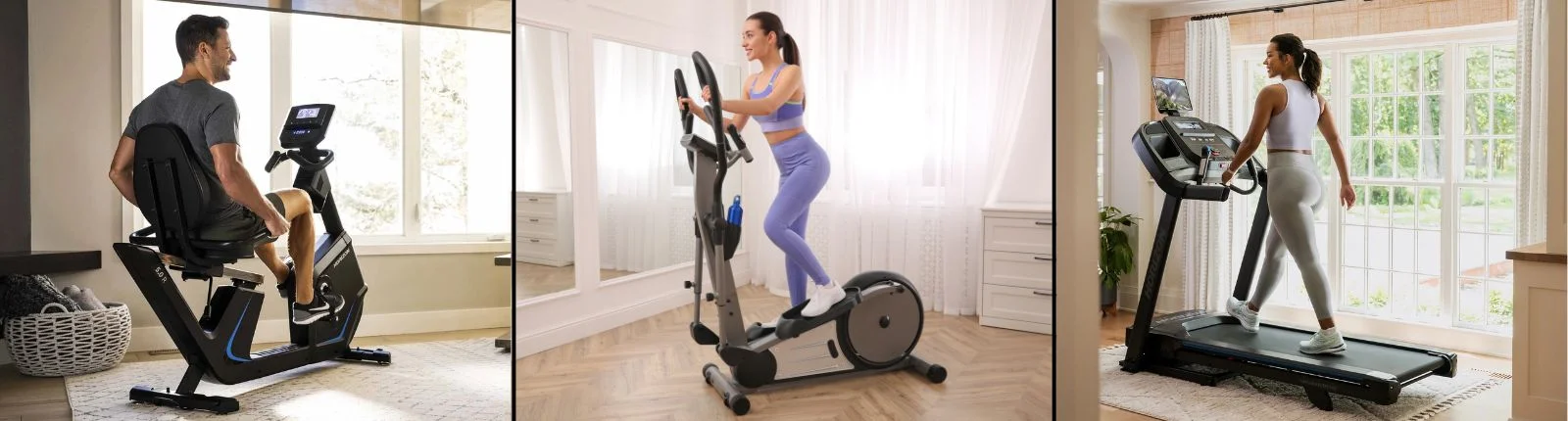 Side-by-side images of a man on a recumbent bike, a woman on an elliptical and a woman on a treadmill.