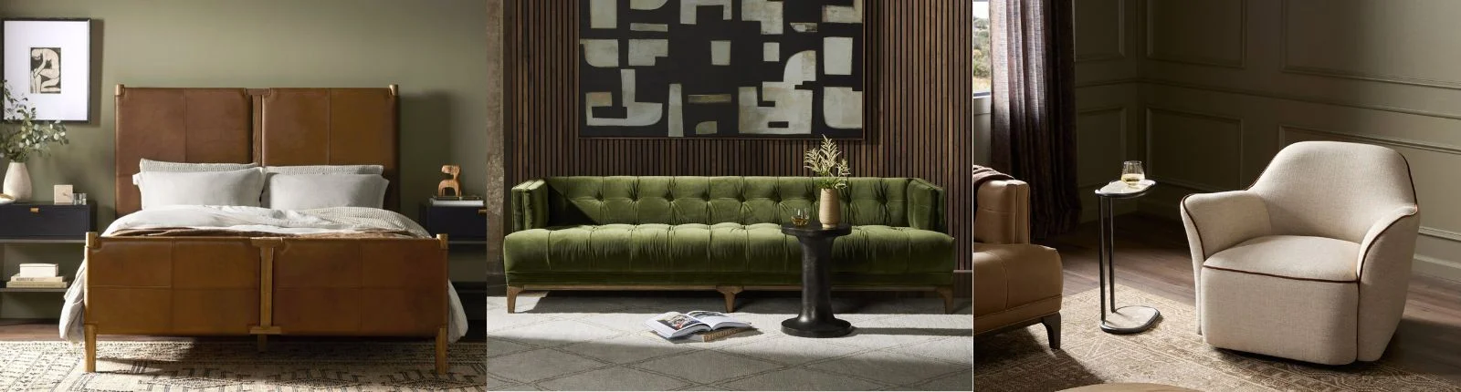 side-by-side images of a brown leather upholstered bed, a green velvet couch and a cream colored arm chair