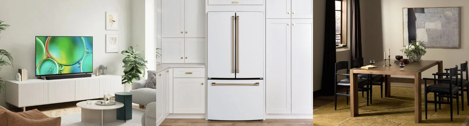 Side-by-side images of an OLED TV mounted on a wall, a white French door refrigerator and a dark wood dining table.