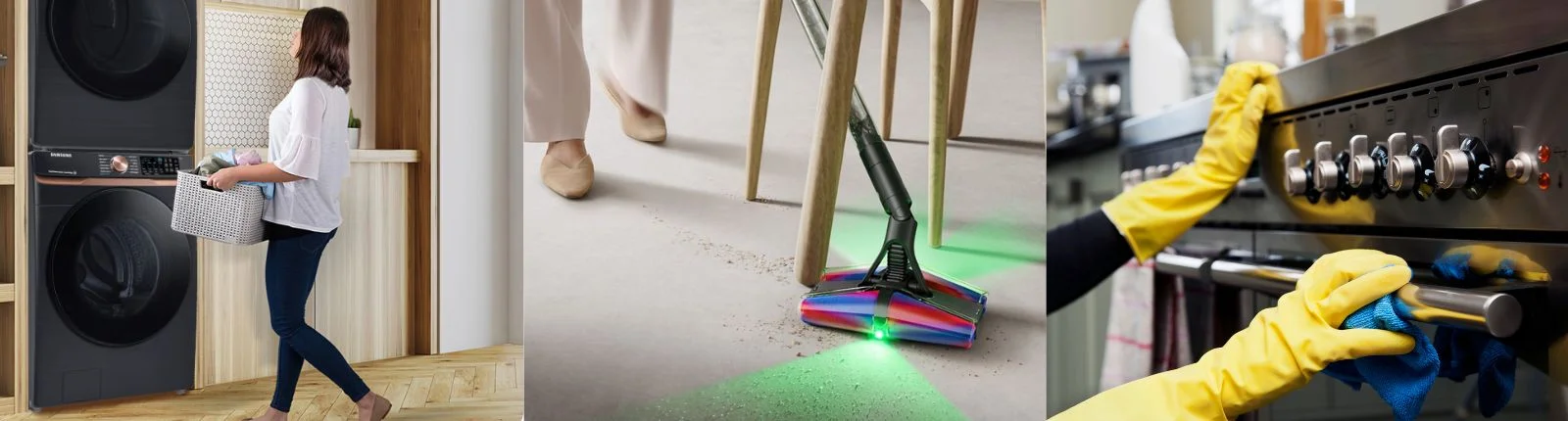 Side-by-side images of woman doing laundry, a vacuum cleaning up crumbs on the floor, and a person cleaning a gas range with a sponge.