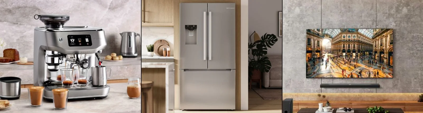 Side-by-side images of a stainless steel espresso machine, a French door refrigerator and a TV with a soundbar mounted on a wall.