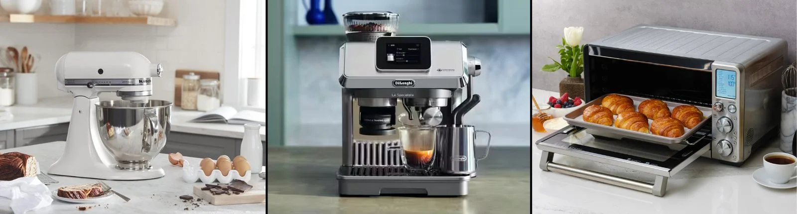 Three side-by-side images of white KitchenAid stand mixer, stainless steel espresso machine and stainless steel toaster oven with croissants inside.