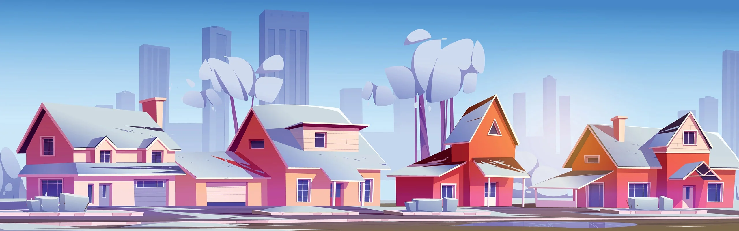 A cartoonish digital rendering of neighborhood homes with cold garages in the snow.