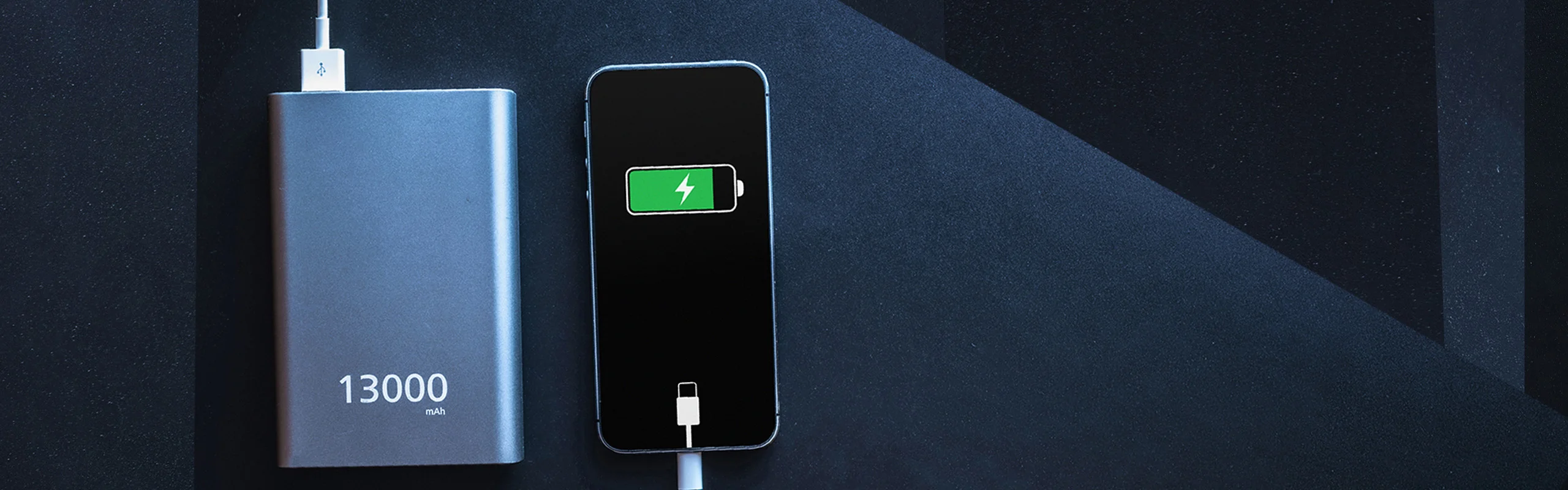 A portable charger shown charging a cell phone against a black background. The charger states that it has 13000 mAh
