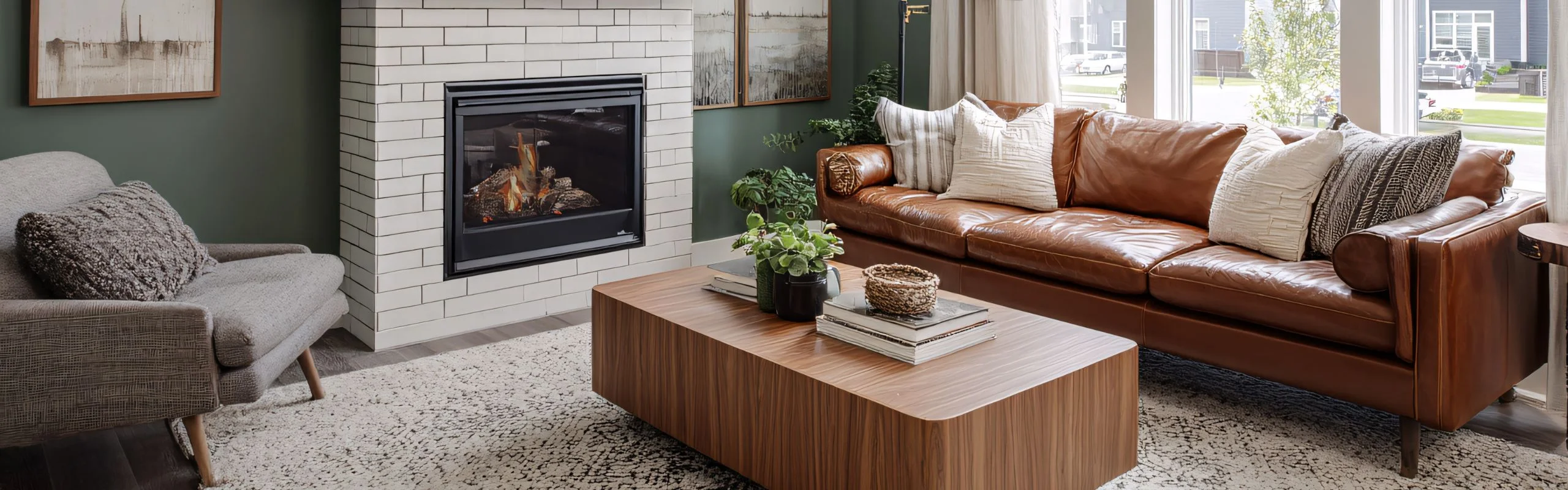 A small living room with a fireplace in the center flanked by a grey armchair and a brown leather couch.