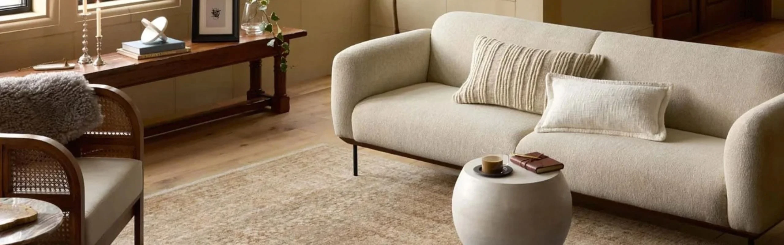 A close-up of living room furniture; a white sofa, wicker armchair and an area rug beneath.