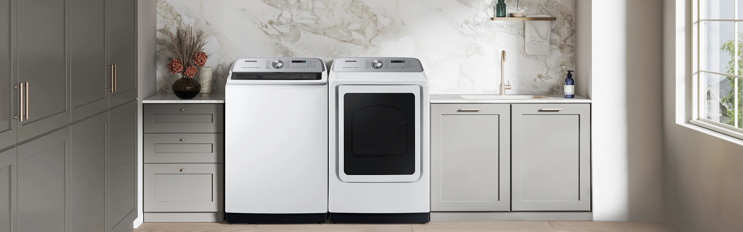 Two white laundry appliances